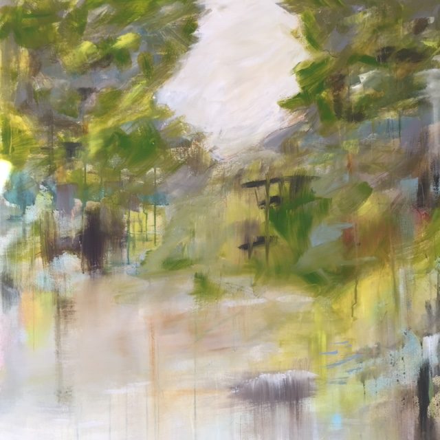 Spring colours on downs walk. Multi media on canvas 1m x 1m